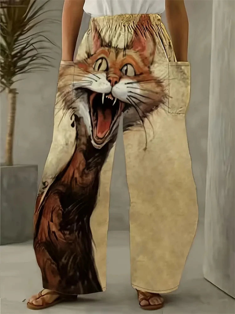 Women's Large Size Cartoon Cat Loose Wide-legged Pants Fall And Winter Casual Elastic Waist Pants Home Large Size Women Clothing