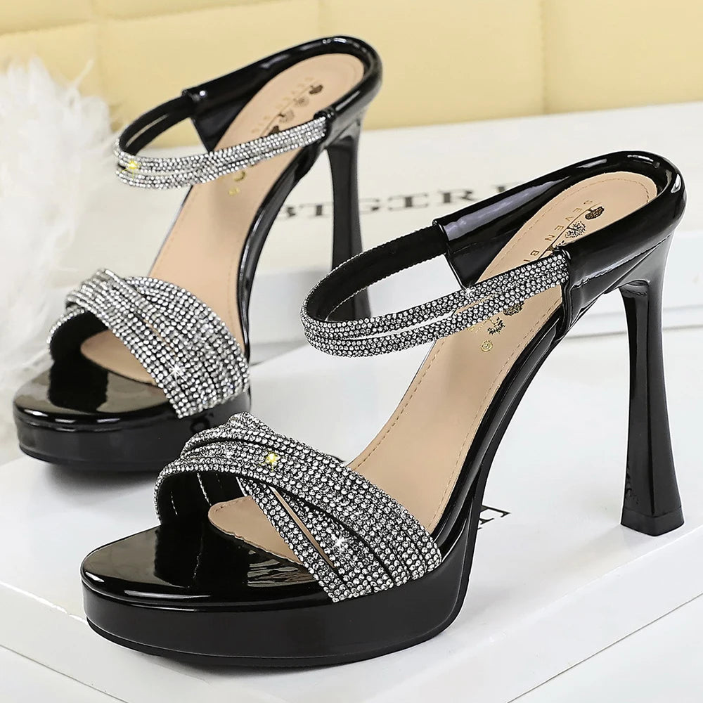BIGTREE Shoes Women Luxury High Heels Open Toed High-heeled Sandals Women Summer Shoes Rhinestone Stiletto Heels 11.5 cm Pumps