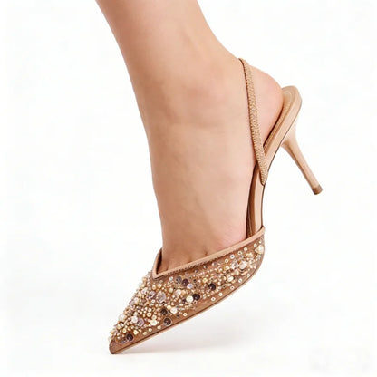 Luxury Designer Bling String Bead Mesh High Heels Women Sexy Pointy Toe Breathable Heeled Sandals Elegant Slingbacks Women Pumps