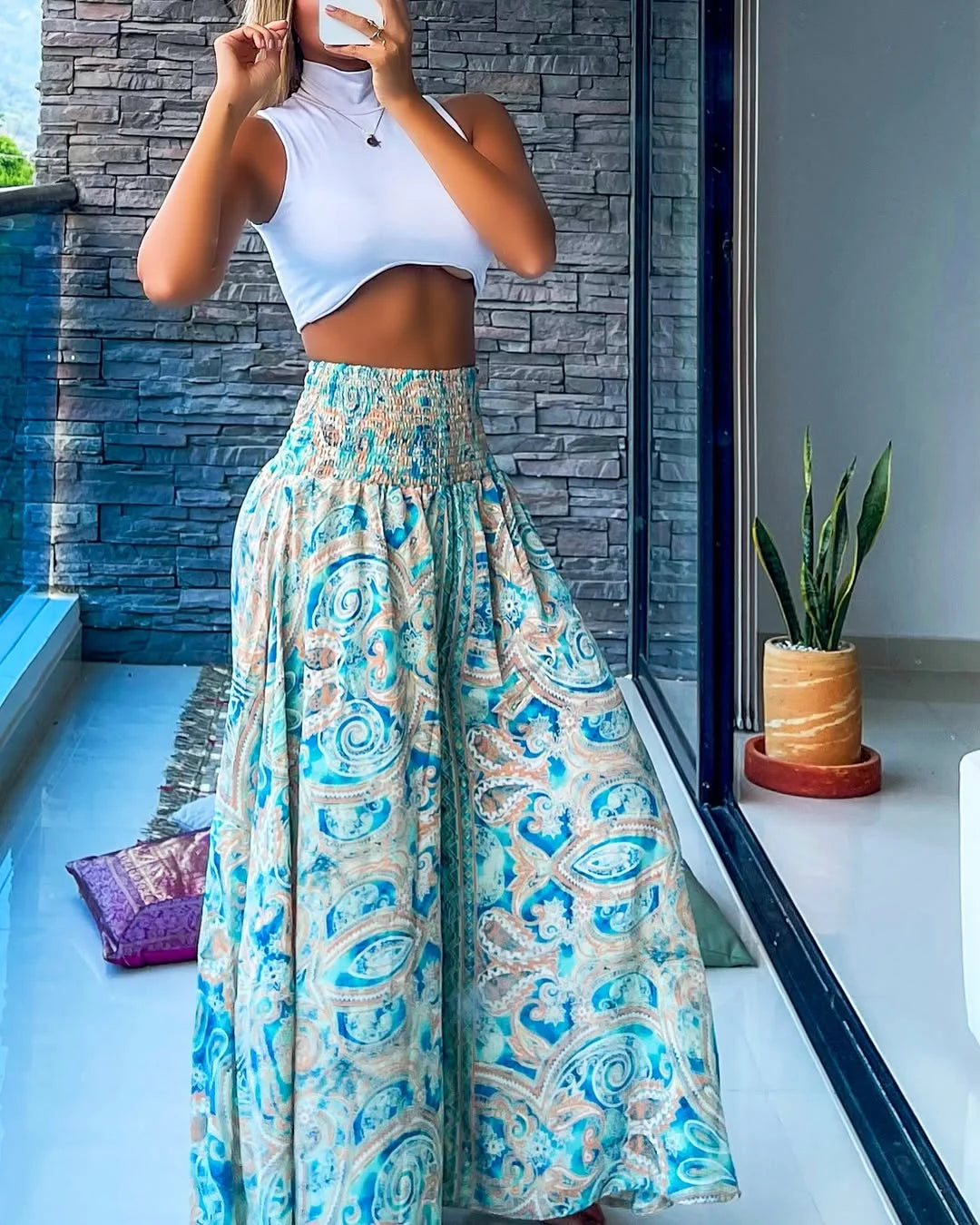 Women's High Waist Printed Wide-Leg Pants Ruched Design - Beach Vacation Casual & Commute Fashion Slim Fit Outfits