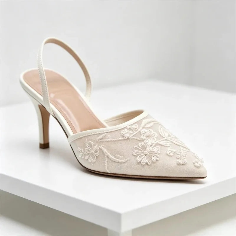 Elegant Mesh Embroidered Flowers Designer Heeled Sandals Women 2025 Summer Sexy Slingback Pointed Toe Thin High Heels Dress Shoe