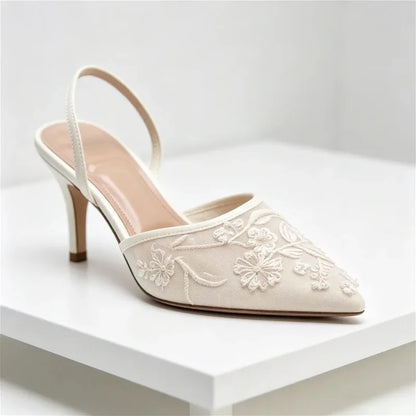 Elegant Mesh Embroidered Flowers Designer Heeled Sandals Women 2025 Summer Sexy Slingback Pointed Toe Thin High Heels Dress Shoe