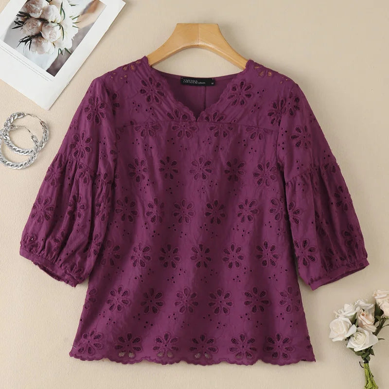 ZANZEA 2026 Eyelet Embroidery Blouses Woman V-Neck Lantern Sleeves Solid Patchwork Tops Summer Casual Vacation Daily Wear Blusas