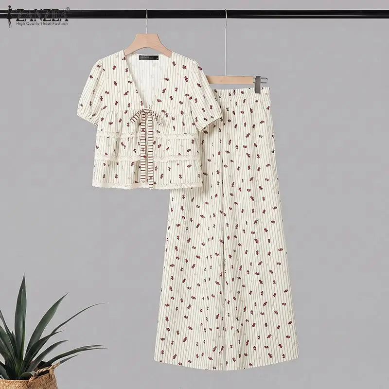 ZANZEA Women Striped 2 Piece Matching Pant Sets Layered Ruffles Lace Trim Short Blouses & Wide Leg Pants Suits Casual Outfits