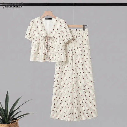 ZANZEA Women Striped 2 Piece Matching Pant Sets Layered Ruffles Lace Trim Short Blouses & Wide Leg Pants Suits Casual Outfits