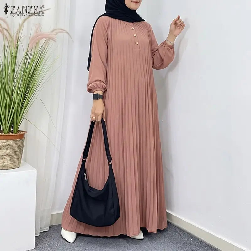 Fashion Muslim Abaya Dress ZANZEA Elegant Women Stand Neck Long Sleeve Pleated Sundress IsIamic Dubai Robe Casual Kaftan Ramadan