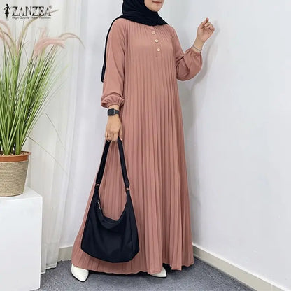 Fashion Muslim Abaya Dress ZANZEA Elegant Women Stand Neck Long Sleeve Pleated Sundress IsIamic Dubai Robe Casual Kaftan Ramadan