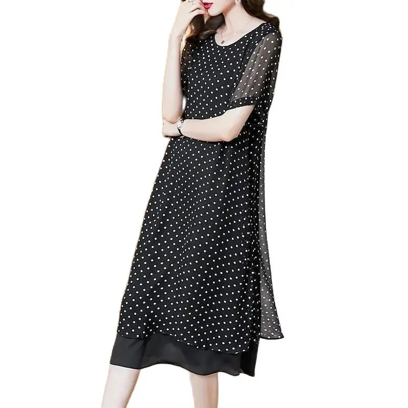 Summer Short Sleeves Covering Belly High End Chiffon Dress 2026 New Large Size Loose Dot French Style Long Dress Women Vestidos