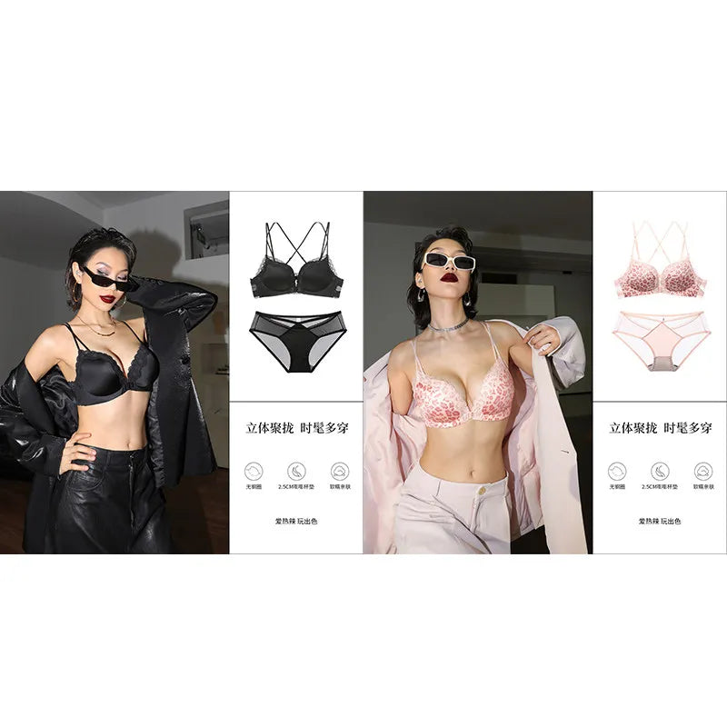 Victoria Style MOYISU Pink Leopard Wireless Bra Set, Front Hook Design, Push Up Bralette, Sexy Back Lingerie To Boost Small Bust