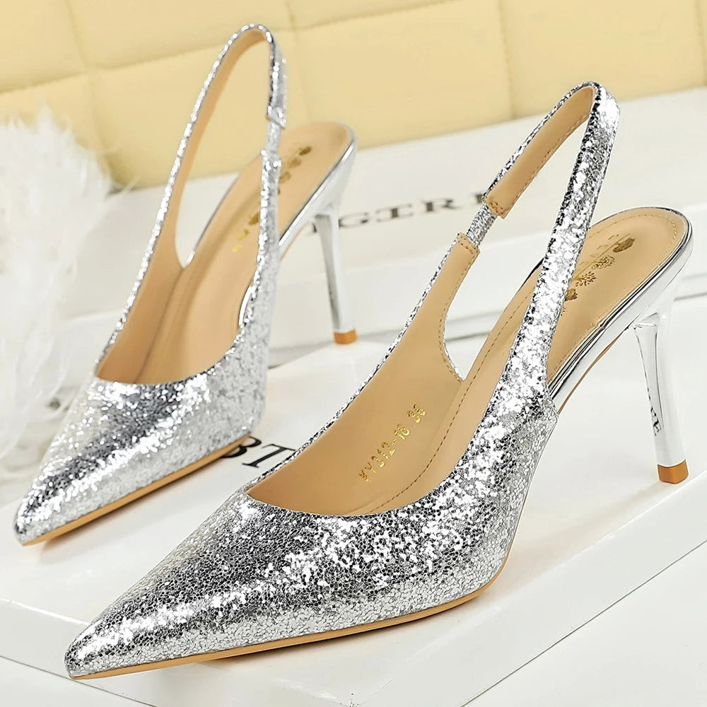 BIGTREE Shoes Sequin Women Pumps Pointed High Heels Fashion Wedding Shoes Stiletto 9 cm Heels Women Heeled Sandals Plus Size 43