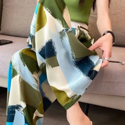 Women Colorful Graffiti Print Wide Leg Pants, Elastic Waist Drawstring Loose Trousers, Summer Casual Streetwear