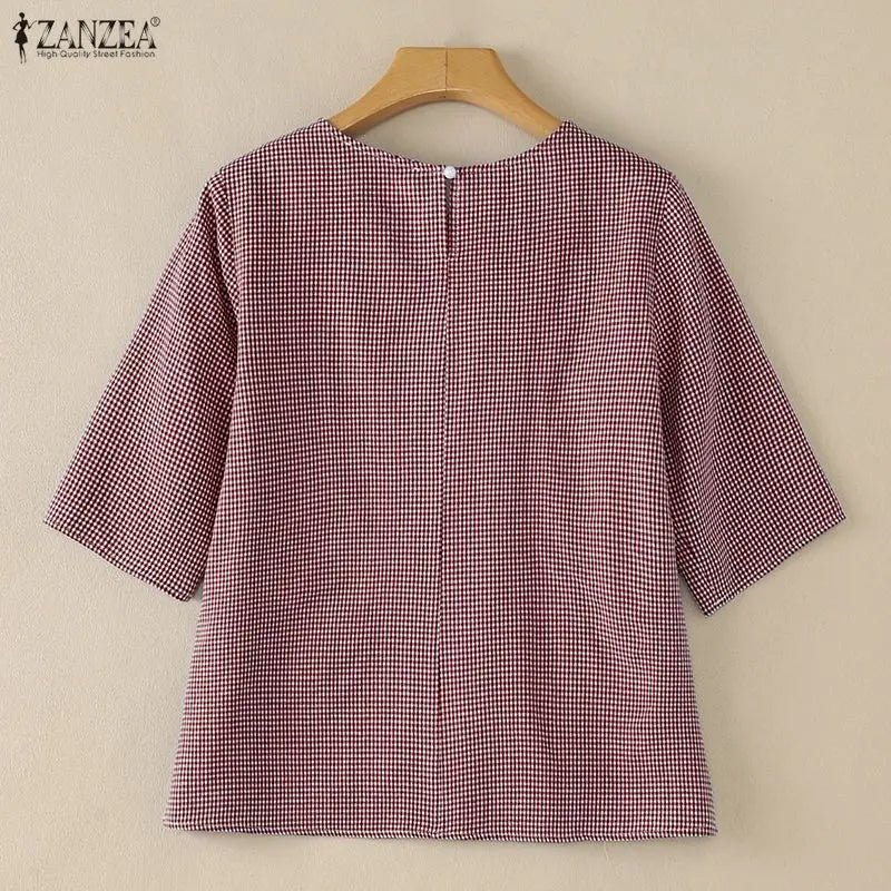 ZANZEA Woman Gingham Check Loose Blouses O-Neck Half Sleeves Pocket Detail Side Slit Tunic Tops Summer Casual Daily Wear Blusas