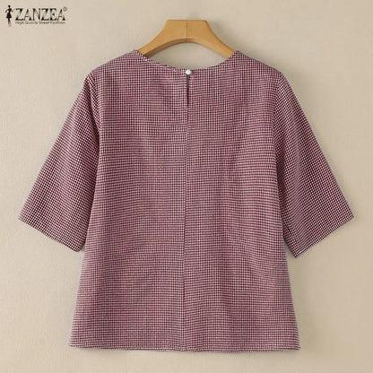 ZANZEA Woman Gingham Check Loose Blouses O-Neck Half Sleeves Pocket Detail Side Slit Tunic Tops Summer Casual Daily Wear Blusas