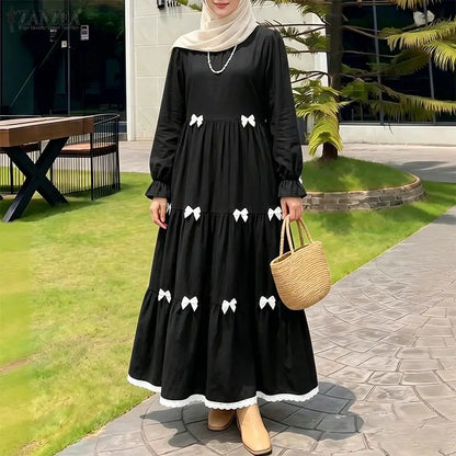 Elegant Muslim Dresses 2026 ZANZEA Ramadan Abaya Women Elegant O Neck Long Sleeve Bows Sundress Dubai Robe Femme Hijab Vestidos