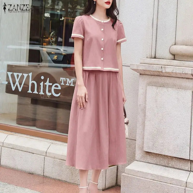 2026 ZANZEA Elegant Women Short Sleeve Patchwork Shirt Midi Dress Sets Summer 2 Pieces Sets Stylish OL Work Outfits Skirt Suit