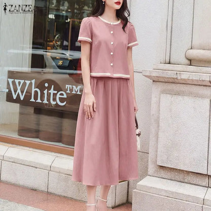 2026 ZANZEA Elegant Women Short Sleeve Patchwork Shirt Midi Dress Sets Summer 2 Pieces Sets Stylish OL Work Outfits Skirt Suit