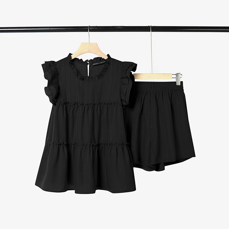 ZANZEA Summer Elegant Short Sleeve Ruffled Blouse Shorts Suit Stylish Women 2 Pieces Sets Holiday Outfit Tracksuit Matching Sets