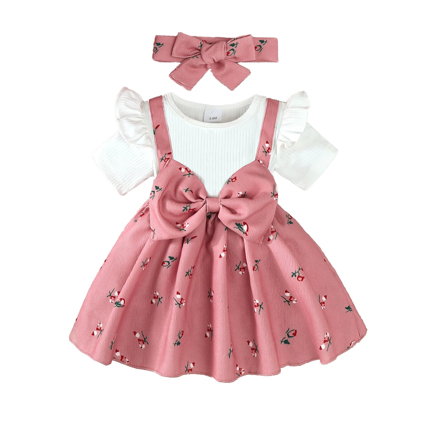 2PCS Infant Baby Girl Pink Cherry Print Ruffle Short Sleeve  Dress + Headbandr for 0-2Y Toddler Sweet Summer Princess Dress