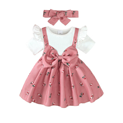 2PCS Infant Baby Girl Pink Cherry Print Ruffle Short Sleeve  Dress + Headbandr for 0-2Y Toddler Sweet Summer Princess Dress