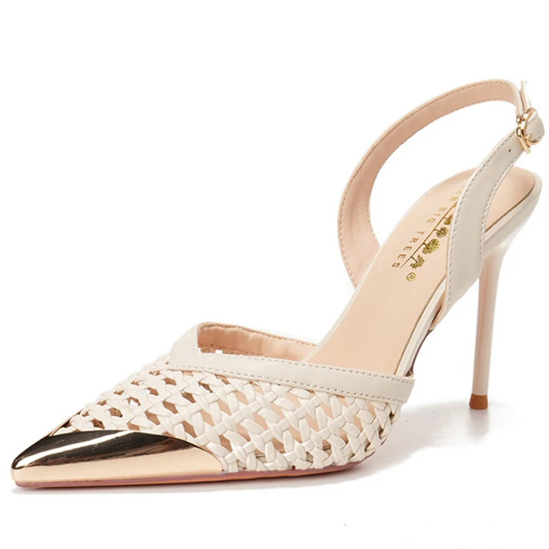 BIGTREE Fashion Hollow Woven Slim Heel Sandals Women Shoes Summer Advanced Metal Pointed High Heels Women Pumps Stiletto 8.5 cm