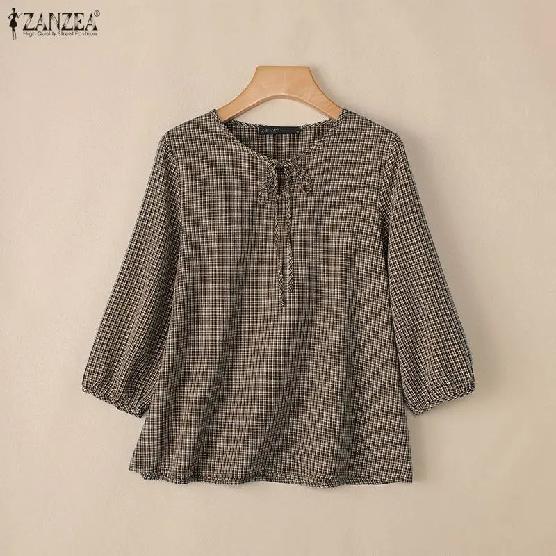ZANZEA Woman Vintage Gingham Blouses Keyhole Tie-Neck 3/4 Lantern Sleeves Check Loose Tops Autumn Casual OL Work Blusas Mujer
