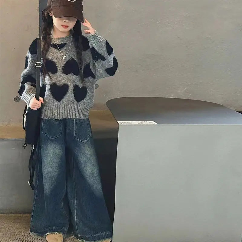 Girls' Autumn Winter 2025 Korean Style Heart Print Knit Sweater Kids' Pullover Trendy