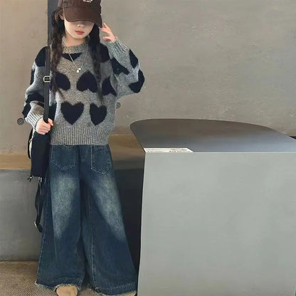 Girls' Autumn Winter 2025 Korean Style Heart Print Knit Sweater Kids' Pullover Trendy