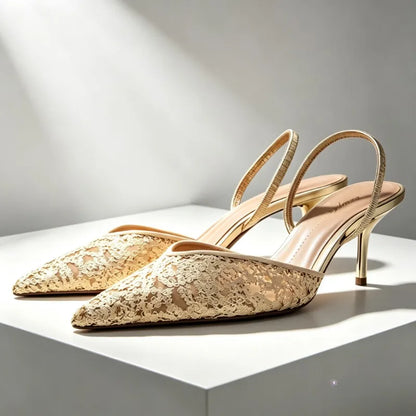 Gold Mesh Embroidered Floral Design Mules Sandals Women Sexy Pointed-Toe Back Strap High Heels for Ladies Elegant Party Shoes