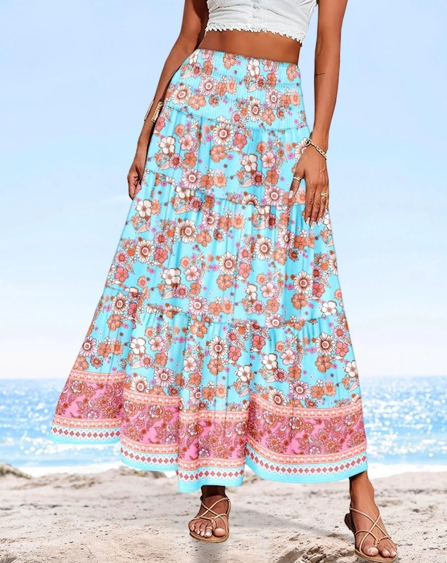Womens Boho Floral Print Tiered Maxi Skirt High Waist Smocked Beach Long Skirt for Summer