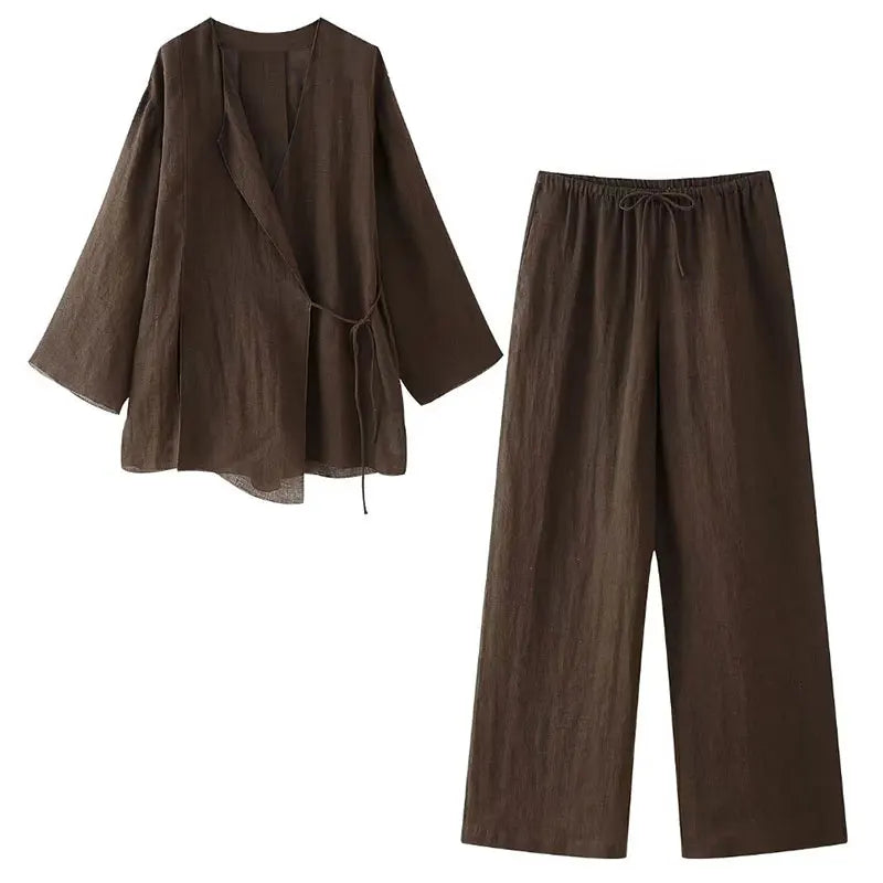 HH 2025 Spring Women Fashion Linen Suits New Solid Cardigan Kimono Top + Versatile Outerwear Female Wide Leg Long Pant