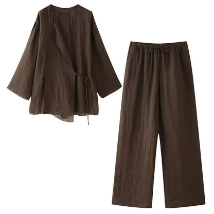 HH 2025 Spring Women Fashion Linen Suits New Solid Cardigan Kimono Top + Versatile Outerwear Female Wide Leg Long Pant