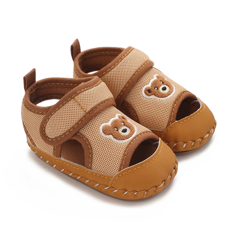 0-1Year Baby Shoes Infant Pre-Walker Shoes Cute Teddy Bear Pattern Summer Sandals Soft Sole Adjustable Strap Daily Footwear