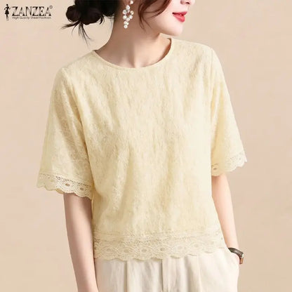 ZANZEA Women Bohemian Lace Patchwork Blouses Loose O-Neck Half Sleeve Solid Color Tops 2026 Summer Daily Casual Blusas de Mujer