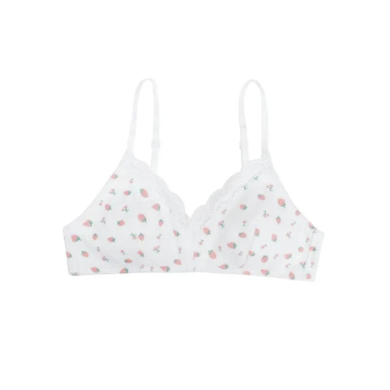 Japanese Sweet Lolita Bra&Panty Set Cherry Strawberry Print Wireless Comfort Bralette Anti Sagging AB Cup MOYISU 32-38-Sexy Bras