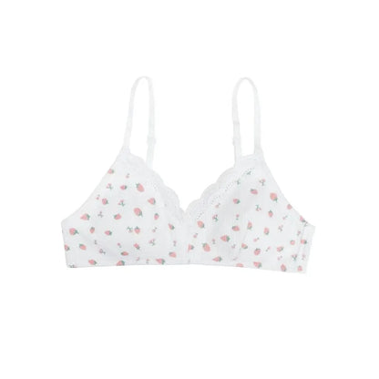 Japanese Sweet Lolita Bra&Panty Set Cherry Strawberry Print Wireless Comfort Bralette Anti Sagging AB Cup MOYISU 32-38-Sexy Bras