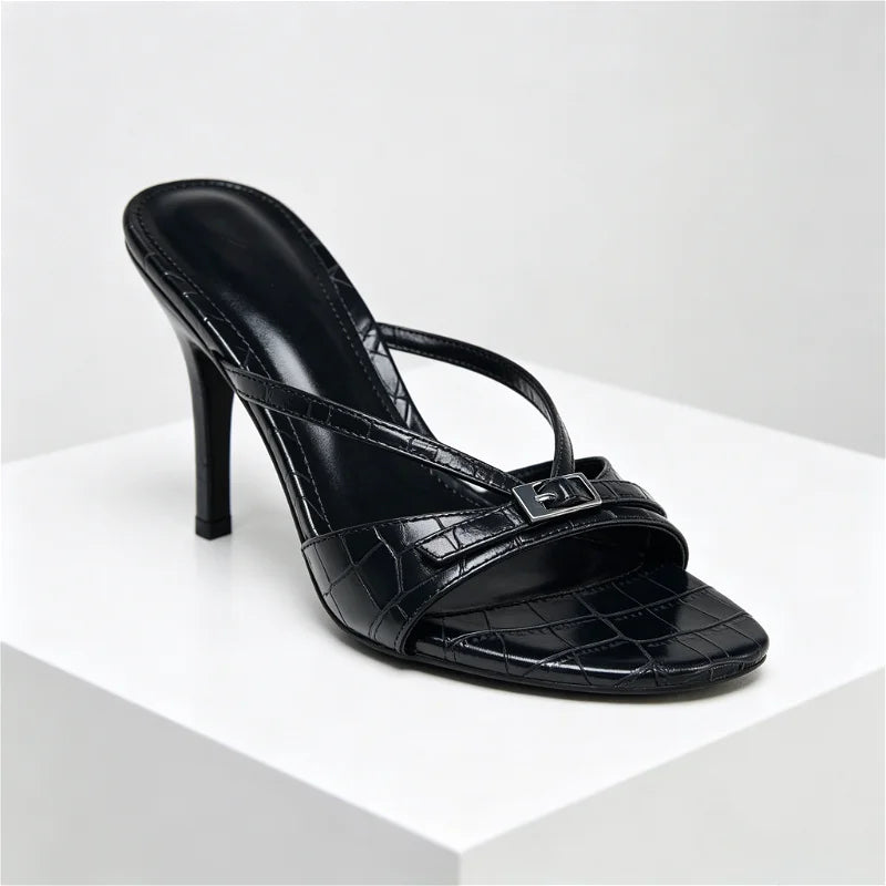2026 Summer Embossed Top Design Slippers Women Sexy Peep Toe Heeled Sandals for Ladies Elegant Cross Strap Buckle High Heels