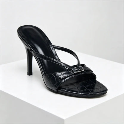 2026 Summer Embossed Top Design Slippers Women Sexy Peep Toe Heeled Sandals for Ladies Elegant Cross Strap Buckle High Heels