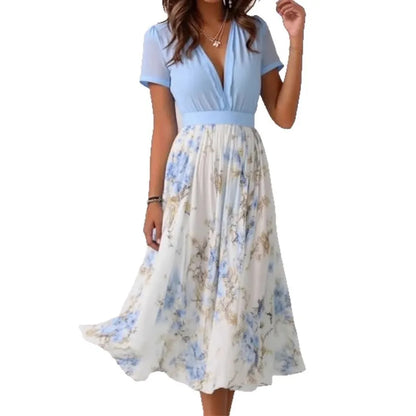 Pakistani Woman Dress Puff Sleeve V Neck High Waist Printed Maxi Dress Floral Print Flowing Skirt Blue And White Lightweight