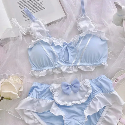 Japanese Cute Girl Lace Bra Set Hollow Sexy Sweet Rimless Underwear Bras for Women