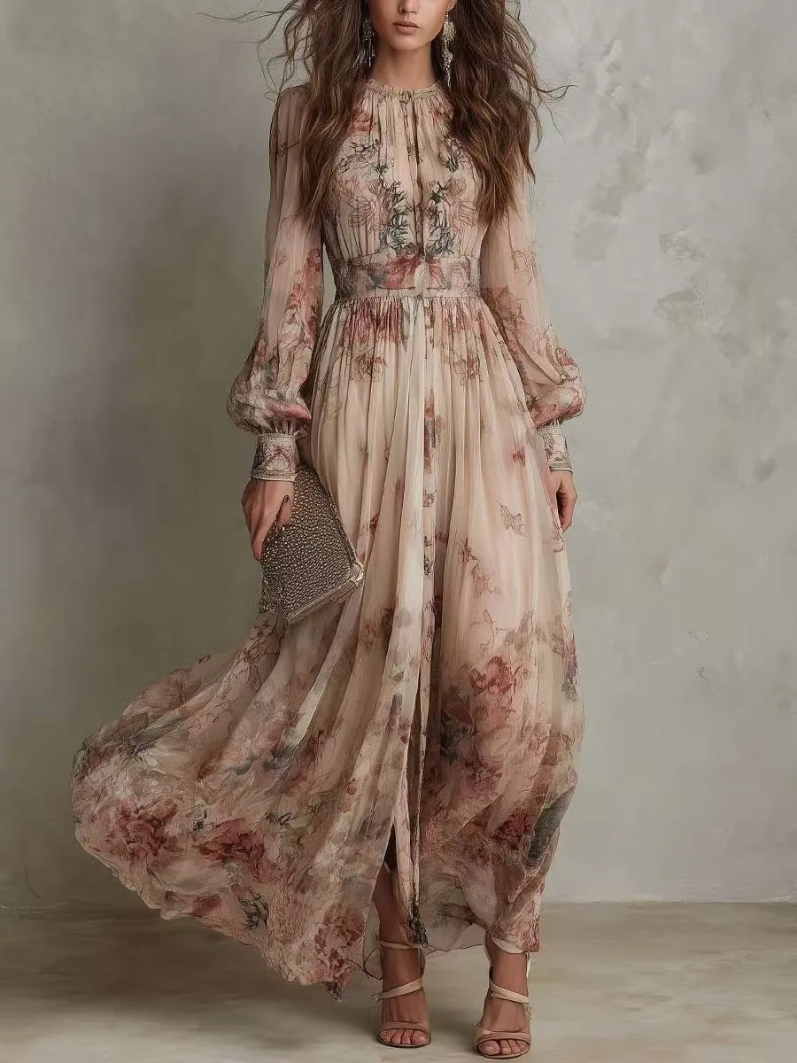 Elegant Long Sleeve Chiffon Long Dresses For Women 2026 Fashion Floral Print Slim Party Maxi Dress Casual