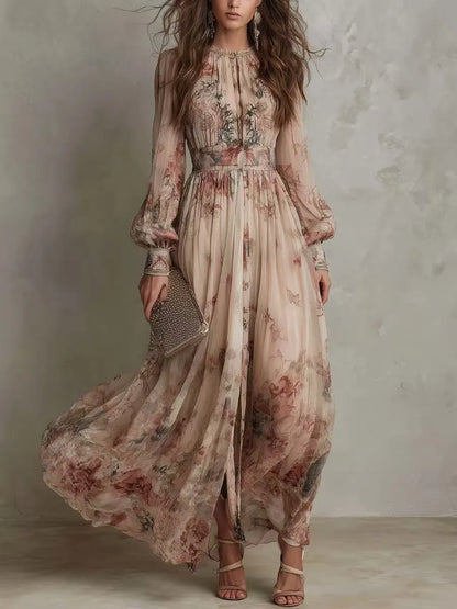 Elegant Long Sleeve Chiffon Long Dresses For Women 2026 Fashion Floral Print Slim Party Maxi Dress Casual