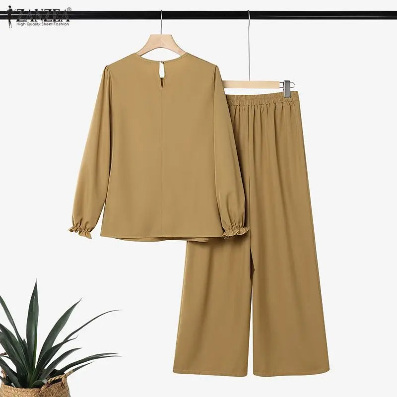 ZANZEA Women Muslim 2 Piece Sets Summer O Neck Long Sleeve Ruffled Hem Blouse Wid Leg Pants Sets Ramadan Outfits Hijab Tracksuit