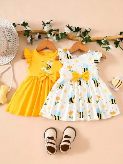 Girls Casual Polyester Summer Dress Heart-Shaped Pattern Skirt Comfortable Children's Fashionable Clothing