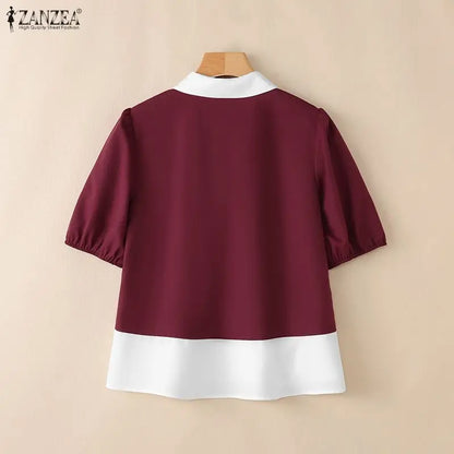 ZANZEA Woman Color-Block Shirts Elegant Lapel Puff Sleeves Button Up Peplum Blouses Summer Casual Daily Wear Chemises Femme 3XL