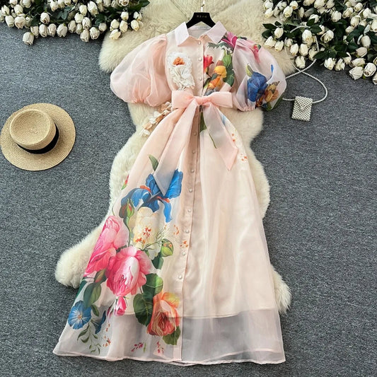 Chic vintage Sexy print mesh lace-up button Fairy Summer  Women Boho Sundress women clothing Long dress