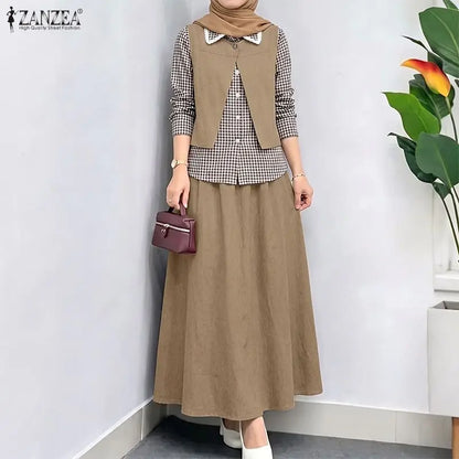 ZANZEA Women Muslim Sets Vintage Gingham Patchwork Fake 2 Pieces Blouse  Maxi Skirt Suit Casual Long Sleeve Tops Matching Sets