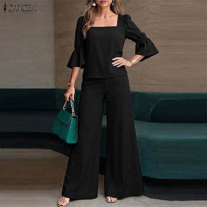 ZANZEA Fashion 2PCS Women Square Neck 3/4 Flare Sleeve Blouse Wide Leg Pant Sets Elegant Solid OL Work Outfit 2 Pieces Sets 2026