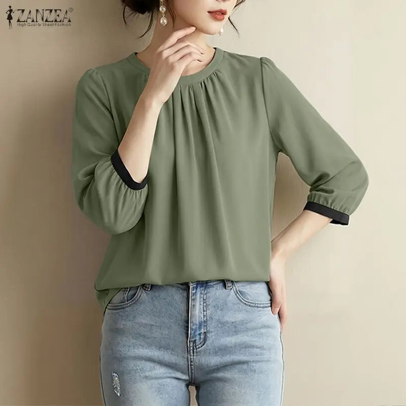 ZANZEA Woman Casual Blouses Gathered O-Neck Contrast-Trim 3/4 Sleeve Solid Color Tops 2026 Summer Everyday Wear Blusas de Mujer