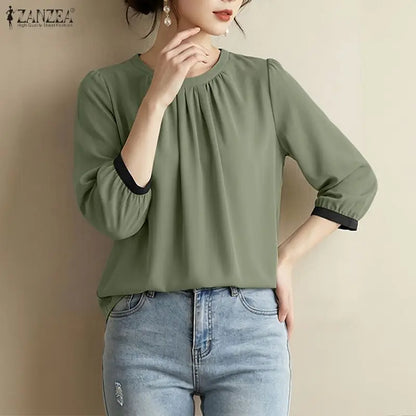 ZANZEA Woman Casual Blouses Gathered O-Neck Contrast-Trim 3/4 Sleeve Solid Color Tops 2026 Summer Everyday Wear Blusas de Mujer