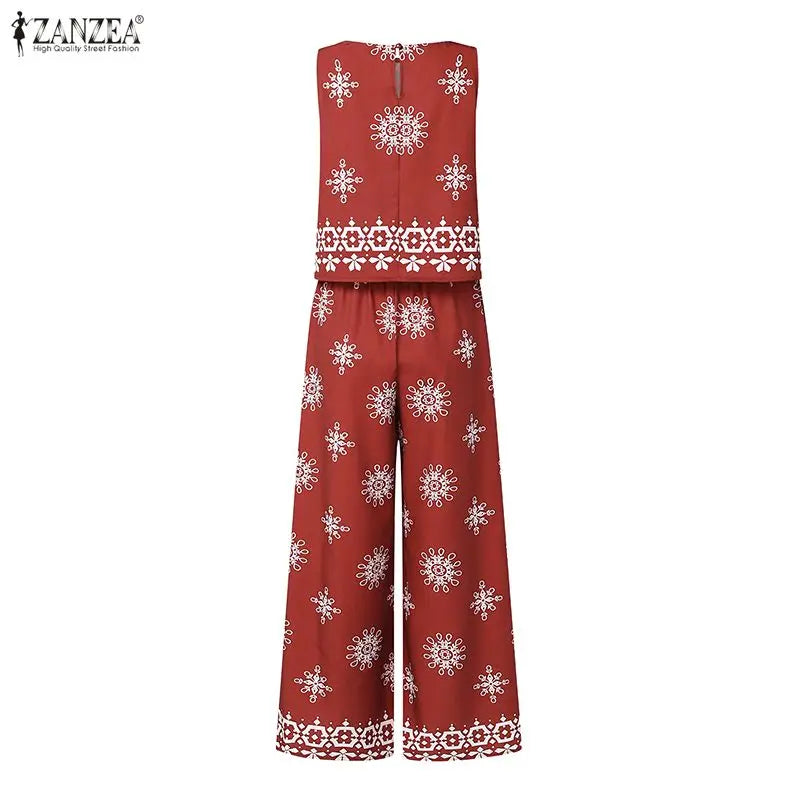 ZANZEA Fashion Summer Sleeveless Tanks Tops Pant Sets Stylish Women Matching Sets Bohemain Printed Tracksuit 2PCS Holiday Outfit